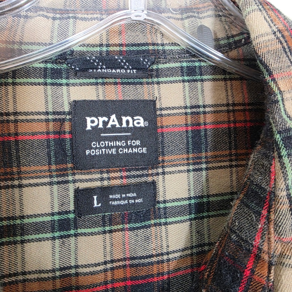 Prana Mens Shirt Organic Cotton Plaid Flannel Button Down Standard Fit Large L - Picture 2 of 9